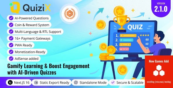 QuiziX 2.1.0 – AI Quiz & Trivia Game | Laravel + Next.js Gamified Quiz Platform